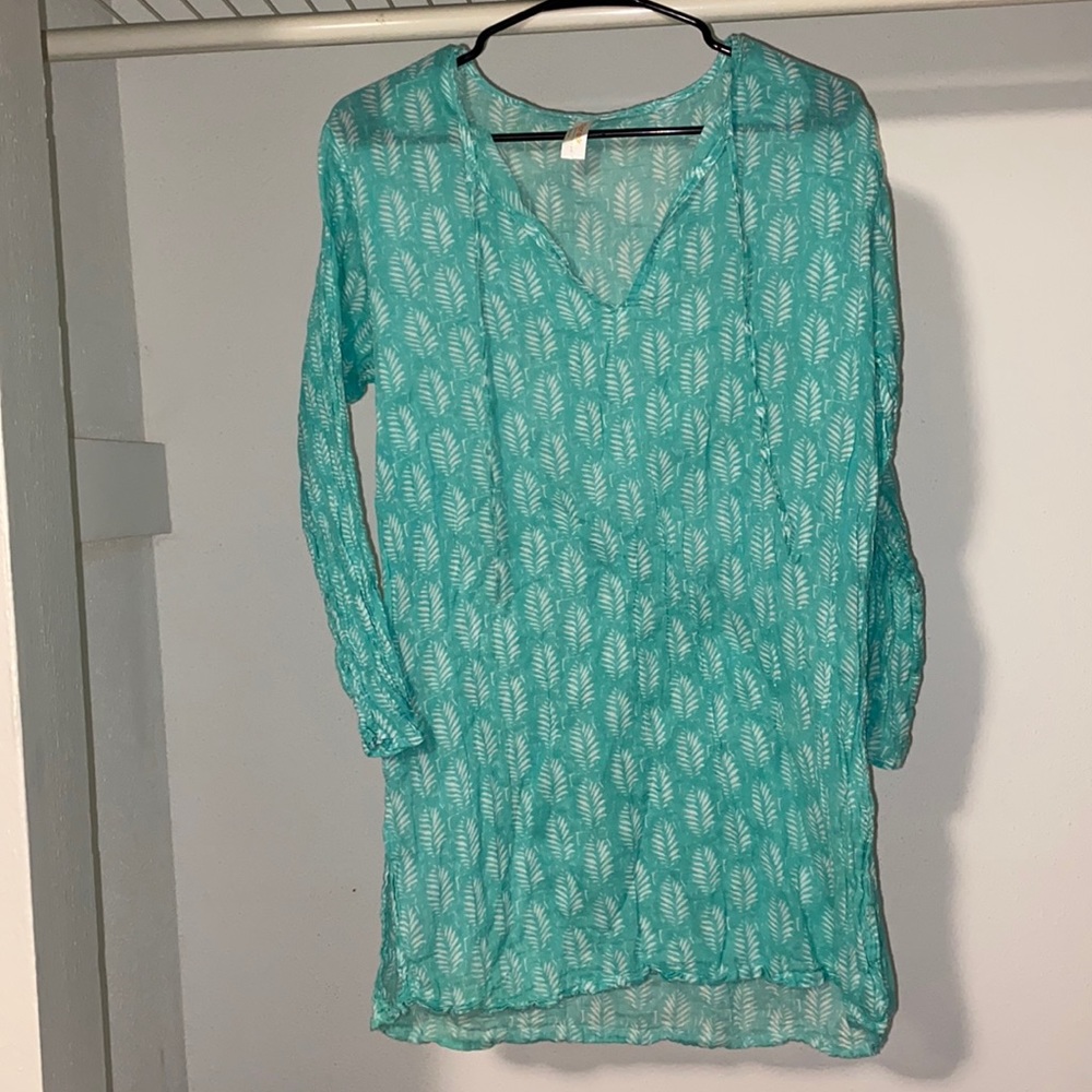 Swim coverup - teal / blue green with leaves